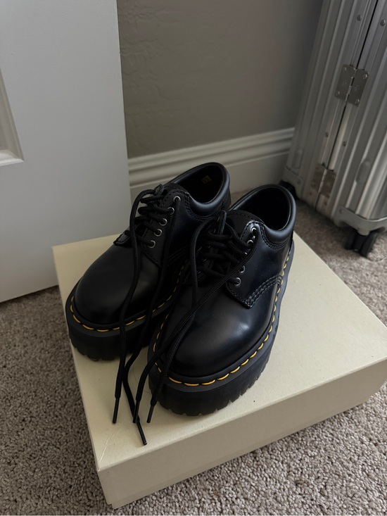 Dr. Martens Shoes - Dr. Martens Black Lace-Up Platform Boots with Yellow Stitching